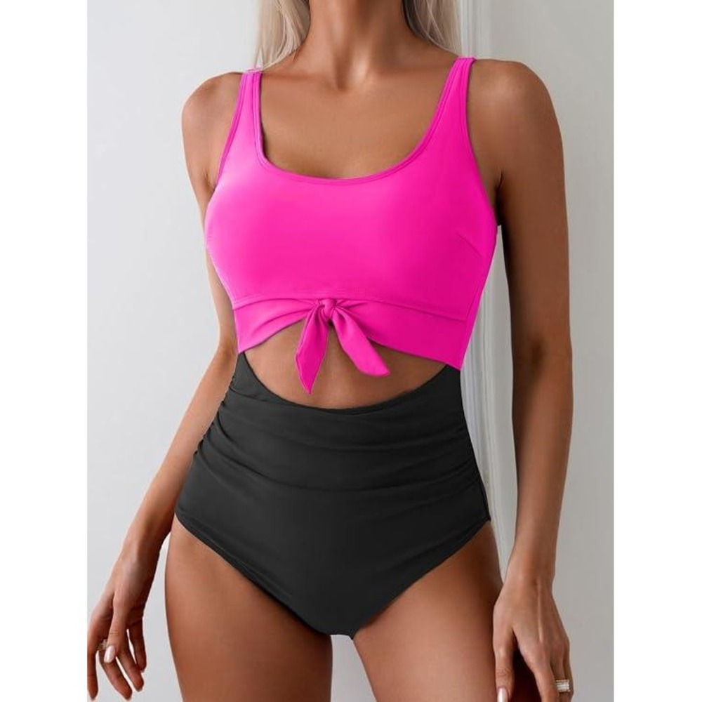 Eomenie Womens One Piece Swimsuit Pink Black Colorblock Tummy Control Medium NWT